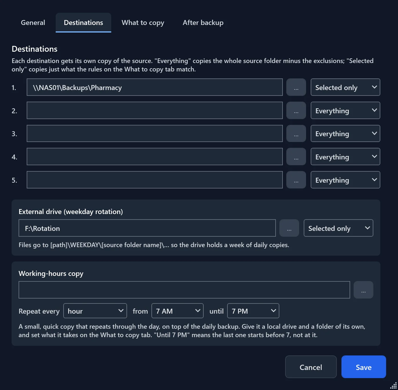 Clinic Backup's settings on Destinations: a NAS share as the first of five destinations, and an external drive rotated by weekday.