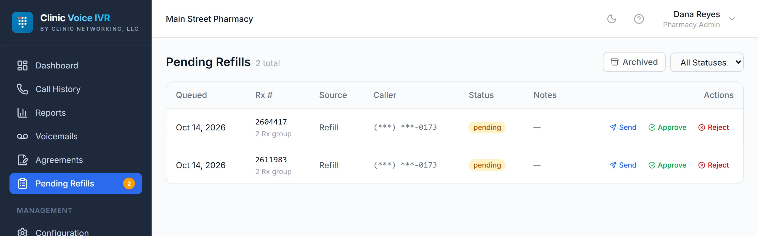 The refill line's portal on Pending Refills: two requests from one caller, each with Send, Approve and Reject.