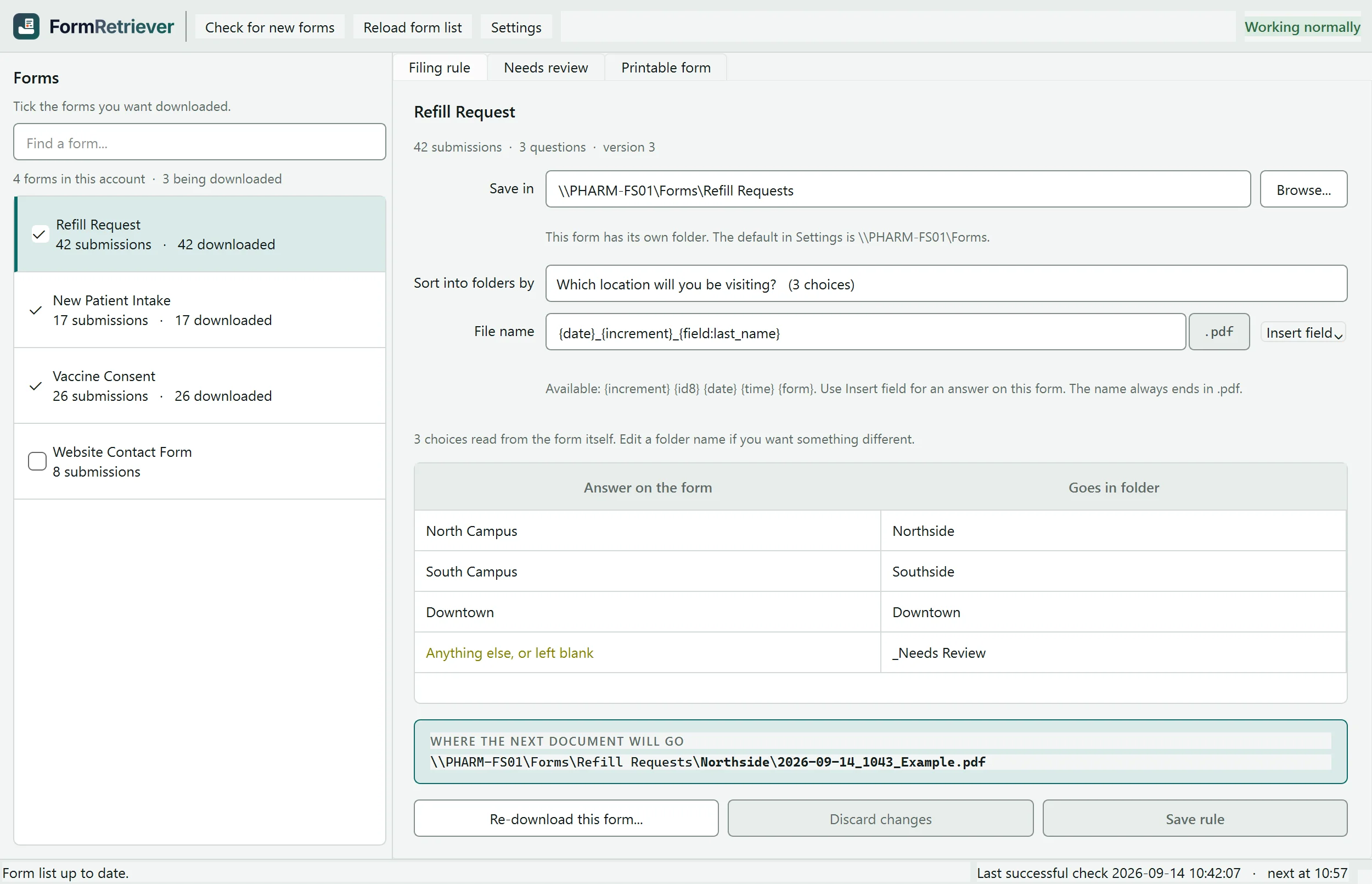 FormRetriever's window: three forms ticked for download, and the filing rule for Refill Request, which sorts each PDF into a folder by the location the patient chose.