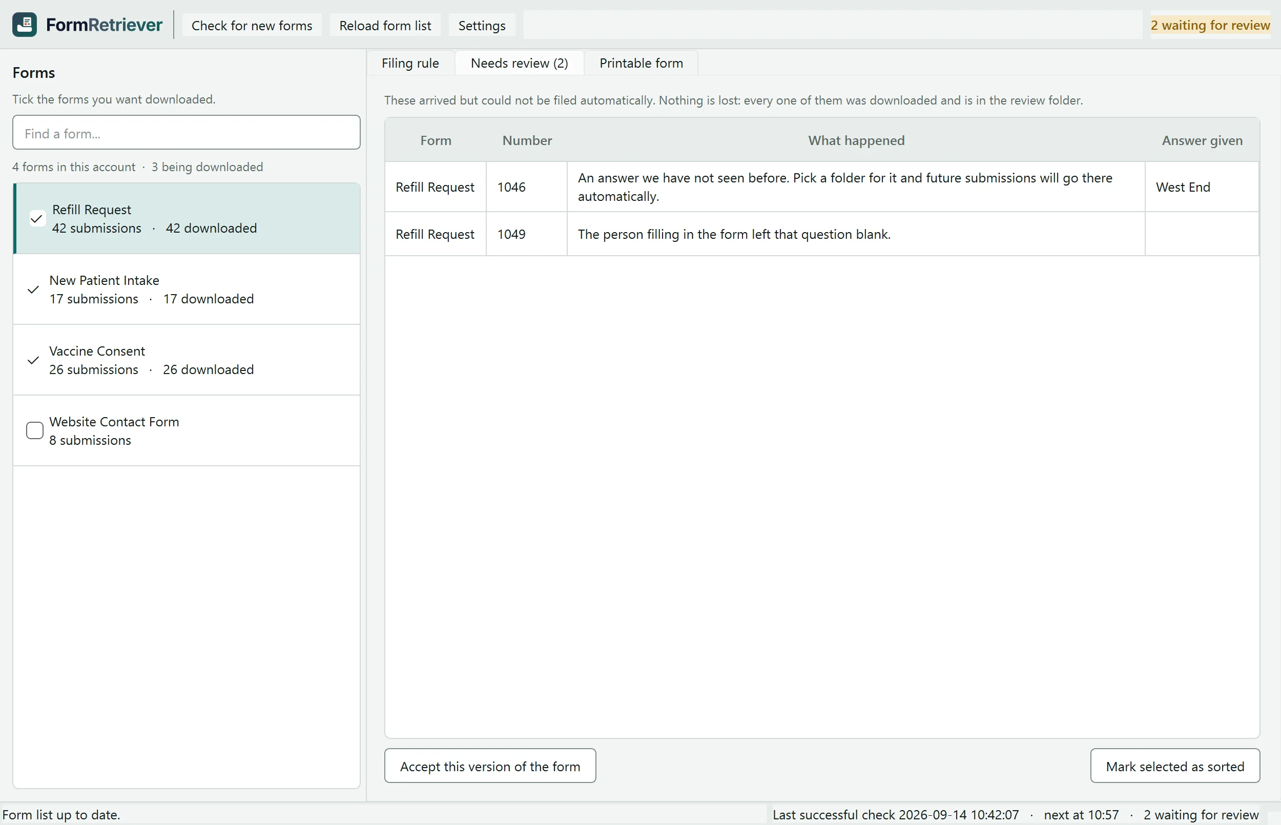 FormRetriever's Needs review tab with two documents waiting, each with the reason it could not be filed: an answer that has no folder yet, and a location question left blank.